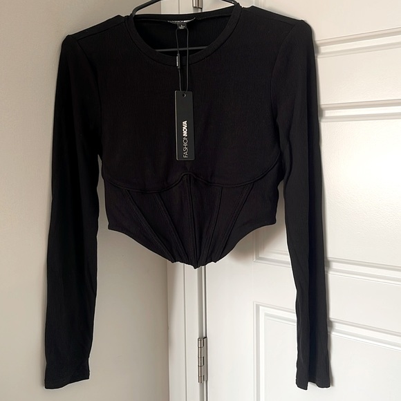 Fashion Nova Black Corset Crop Top Blouse Long Sleeve Size L - Picture 2 of 7
